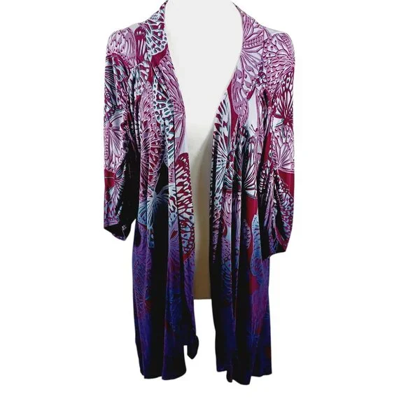 One World, Large, Butterfly Print Wrap, Ruched Sleeves, Blue/Purple/Maroon, Boho - Picture 3 of 16
